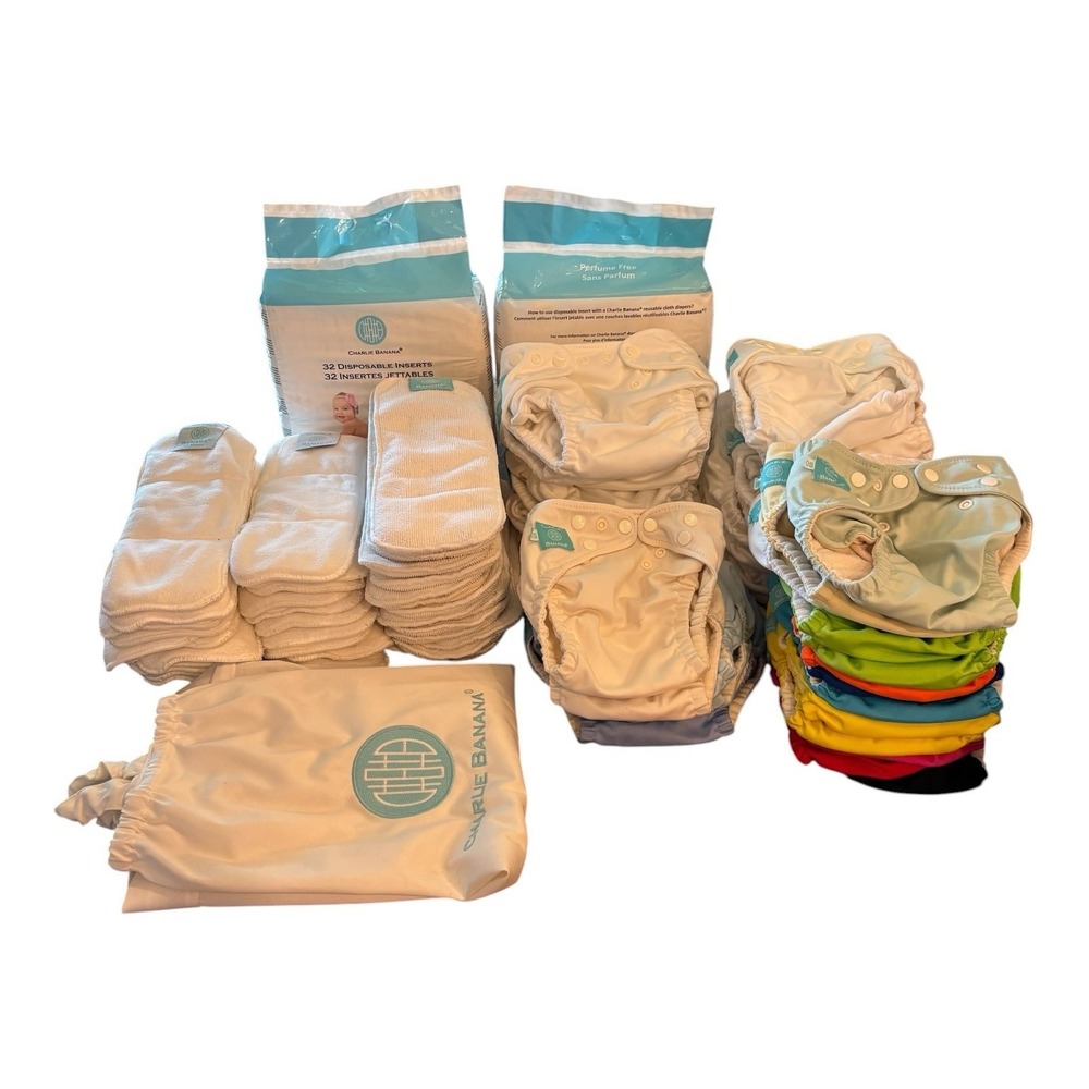 Charlie Banana Cloth Diaper Lot 38 Diapers 38 Inserts Wet Bag 64 Disp Liners